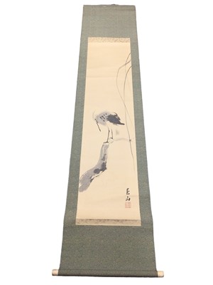 Lot 741 - Early 20th century Japanese scroll, painted in inks with an image of a stork, on ivory mount, three further scrolls