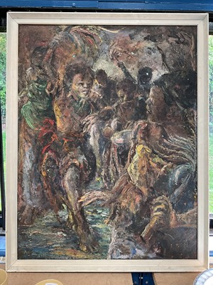Lot 77 - Albert Osabu Bartimeus, (Ghanaian, born 1927), oil painting, figures (a/f)