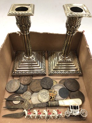 Lot 379 - Pair of Victorian silver plated candlesticks, Victorian and Georgian coins etc