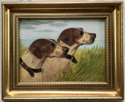 Lot 206 - Henry Percy, oil on board, two Fox Hounds in a field, signed, in gilt frame, 14 x 19cm