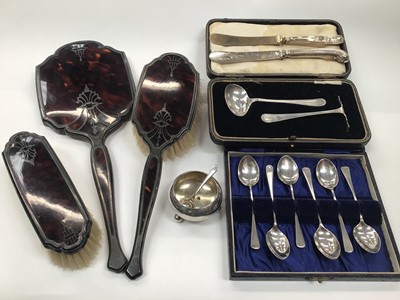 Lot 1037 - Tortoiseshell and silver hand mirror and brushes, together with silver teaspoons and other items