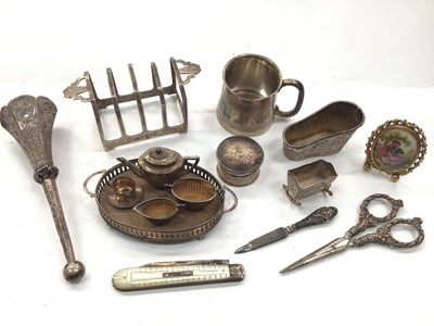 Lot 1069 - Miniature silver tea set, Art Deco toast rack, silver 1/8 pint tankard, Victorian white metal posy holder, together with other silver and white metal items etc