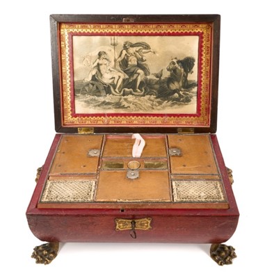 Lot 746 - Regency Moroccan leather sewing box with silk interior