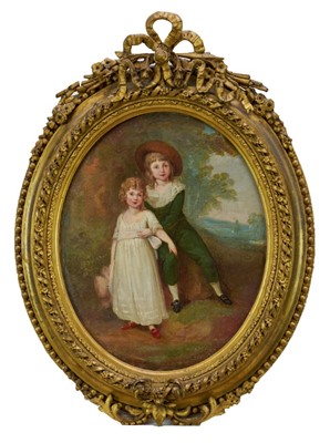 Lot 926 - English School, 19th century, oval oil on canvas - Portrait of two Children in a landscape, 29cm x 24cm, in gilt frame