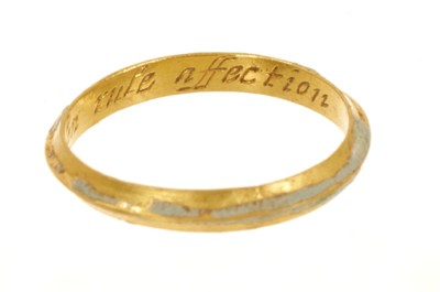 Lot 562 - 17th/18th century gold posy ring, discovered at Bentley Hall Farm, Suffolk.