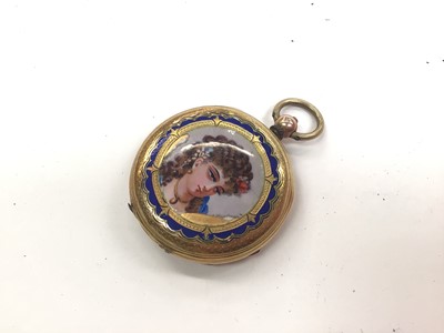 Lot 1031 - Late 19th century Swiss 18ct gold and enamel fob watch depicting a female bust