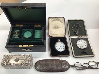 Lot 1032 - Two silver pocket watches, pair of Georgian steel spectacles in case, a silver topped glass pot and a Victorian leather jewellery box