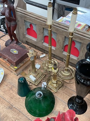 Lot 27 - Pair old brass table lamps and sundry lamps with shades