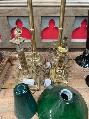 Lot 27 - Pair old brass table lamps and sundry lamps with shades