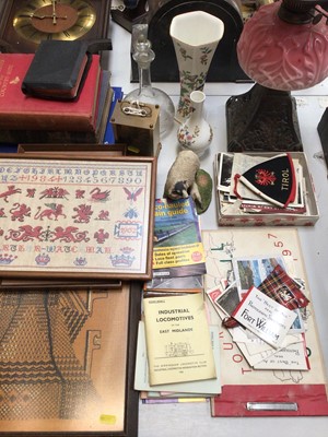 Lot 322 - Victorian oil lamp with glass shade, two Aynsley vases, books, pictures and sundries