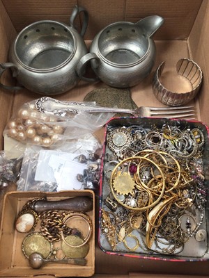 Lot 1110 - Group of costume jewellery, pewter sugar bowl and milk jug and sundries