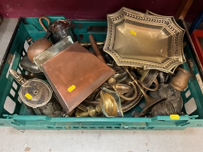 Lot 675 - Box of plated ware, pair of brass candlesticks and other metal