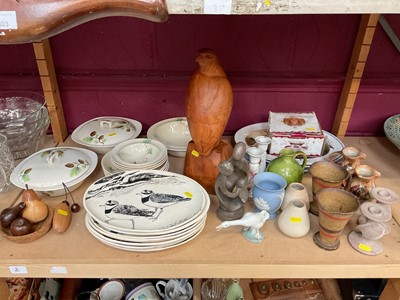 Lot 665 - Seven hand painted oval pottery dishes depicting various birds, signed by Marjorie Barton and other ceramics