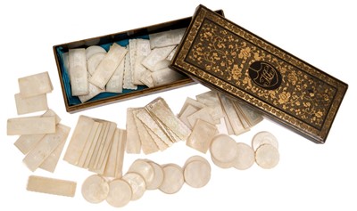 Lot 787 - Collection of 19th century Chinese mother of pearl gaming counters in original lacquer box