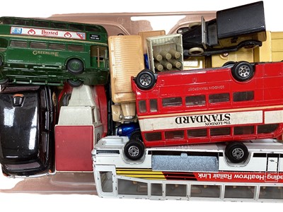 Lot 1893 - Selection of early Dinky models, some repainted, including saloon cars, buses, some later Corgi and Matchbox models , Ertl General Lee car, diecast tractor and Britains Deetail models.