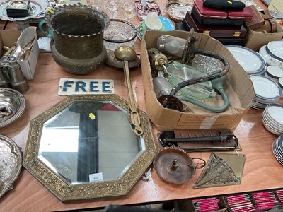 Lot 408 - Group of sundry items to include brass finger plates, brass mounted wall mirror and Victorian lights.