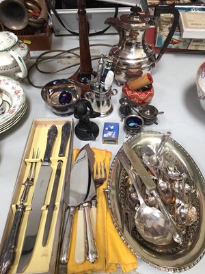 Lot 312 - Silver plated coffee pot, table lamp,  flatware including two silver salt spoons and sundries