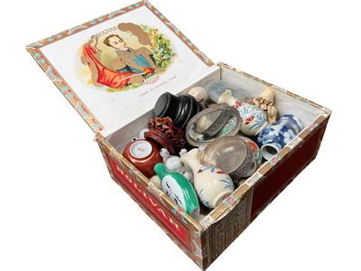 Lot 155 - Cigar box of miniature Chinese and Japanese items including vases, snuff bottles