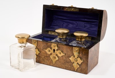 Lot 757 - Victorian figured walnut scent casket with three original scent bottles