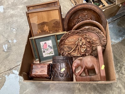 Lot 184 - Group of treen items to include marquetry pictures