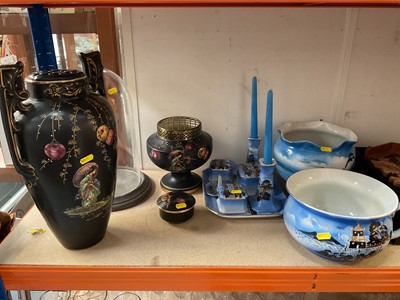 Lot 630 - Large 1920s chinoiserie vase, matching rose bowl and pot and a similar 1920s dressing table set on tray together glass dome