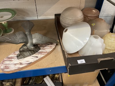 Lot 260 - Art Deco glass lamp shades and an Art Deco sculpture of a bird, on marble plinth