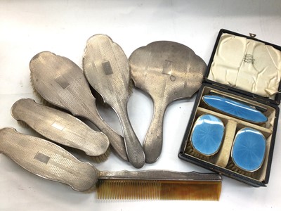 Lot 1100 - Silver six piece dressing table set and another small enamelled set in fitted case