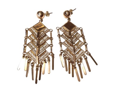 Lot 131 - Pair of 9ct gold Eastern style drop earrings with filigree decoration