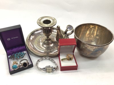 Lot 1073 - Edwardian silver bowl, silver plated chamber stick, silver rings, other jewellery and a wristwatch