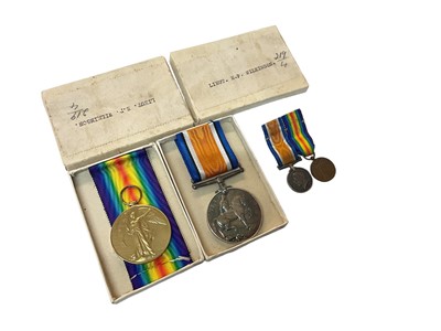 Lot 726 - First World War pair comprising War and Victory medals named to Lieut. E. P. Wilkinson, in boxes of issue, together with miniatures.