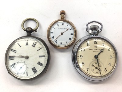 Lot 1088 - Gold plated Thomas Russell & Son fob watch, silver cased pocket watch and an Ingersoll Triumph pocket watch (3)