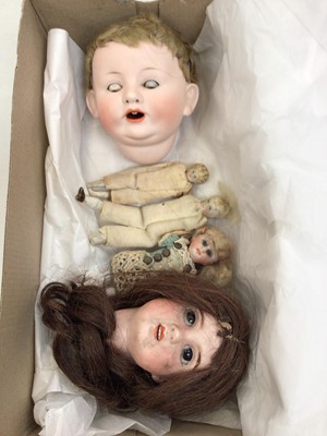 Lot 1887 - Two bisque doll's heads including French SFBJ Paris 4 and F S & Co 1275/35 ( Franz Schmidt) Deponist. Small German Doll dressed and two others.
