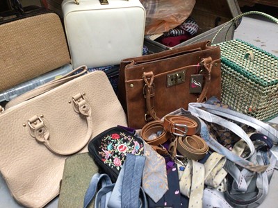 Lot 321 - Group of textiles including table linen, handbags, shoes, ties, belts, fur coat and two faux fur coats etc