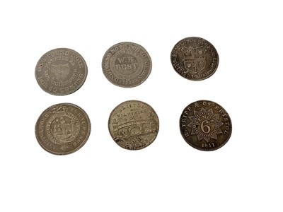 Lot 401 - G.B. - Mixed 19th century silver Six Pence tokens to include Dorset Poole, W.B. Best 1812 GF-AVF, Shaftesbury Bank 1811 VF, Somerset Bristol Commercial Token Bank 1811 VF, Niblock & Latham 1811 AEF...