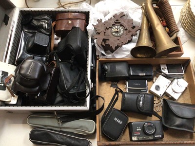 Lot 301 - Selection of vintage cameras, digital cameras, accessories, a German cuckoo clock and two brass horns