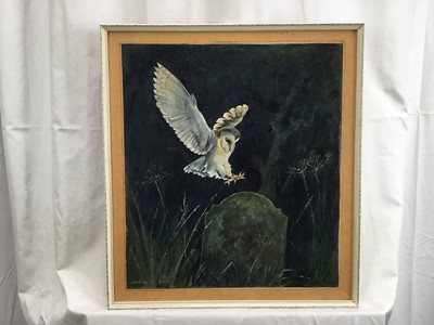 Lot 4 - Arthur E Buss, oil on artists board - Barn Owl in graveyard, signed, 41cm x 36cm, framed (without glass)