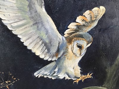 Lot 4 - Arthur E Buss, oil on artists board - Barn Owl in graveyard, signed, 41cm x 36cm, framed (without glass)