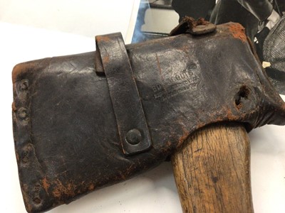 Lot 339 - Boy Scouts axe with leather cover, Scouts pins, related photographs and a hunting knife