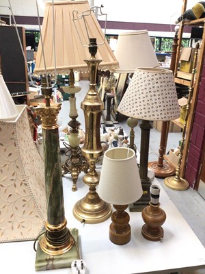 Lot 328 - Green onyx and brass table lamps, together with two standard lamps and various shades