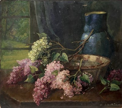 Lot 189 - Evalina Eleanor Warden (1873-1977) oil on board - 'Lilac Time' signed twice and dated '59, 40cm x 46cm, unframed