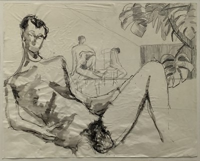 Lot 141 - Modern British School pen wash and pencil - male nudes, 40cm x 50cm, in glazed frame