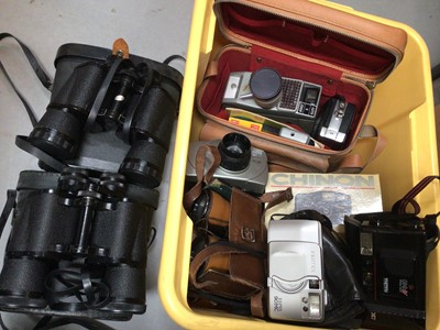 Lot 330 - Box of vintage cameras, accessories and binoculars