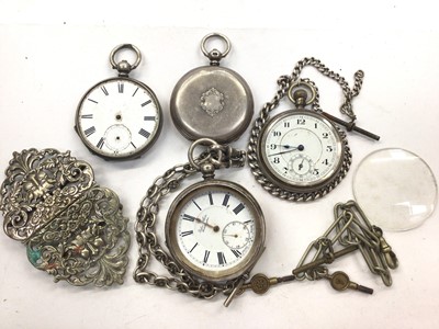 Lot 1089 - Three silver pocket watches and two silver watch chains, one plated pocket watch and a plated chain, silver plated buckle and group of coins