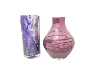 Lot 1171 - Whitefriars purple streaky vase, 18cm high, together with an aubergine random strapped vase, 17.5cm high (2)