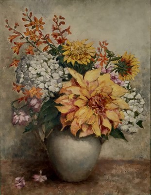 Lot 195 - 20th Century oil on canvas, vase of flowers, partial label verso