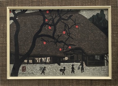 Lot 196 - Japanese woodblock signed bottom left, 26cm x 37cm, in glazed frame