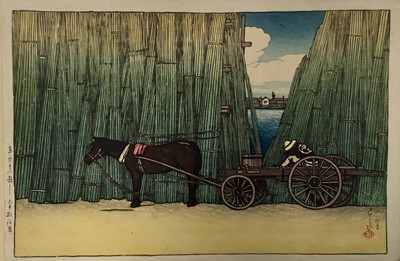 Lot 202 - Japanese woodblock depicting horse and carriage, not laid down, drop mounted top corners, unframed