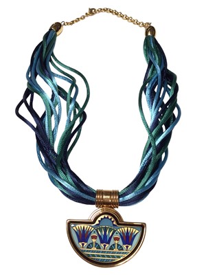 Lot 112 - Michaela Frey Egyptian style necklace with a gold plated enamelled half moon pendant, signed M. Frey Wien