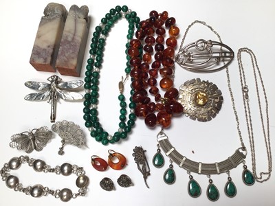 Lot 114 - Malachite and pearl bead necklace with 9ct gold clasp, amber bead necklace, 1980s abstract silver disc brooch with a central citrine, other silver and white metal jewellery and a pair of Chinese ha...