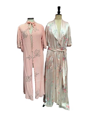 Lot 2098 - 1940's Vintage lingerie- 1940's negligee in pink crepe with metallic floral embroidery and a floral print pink satin dressing gown